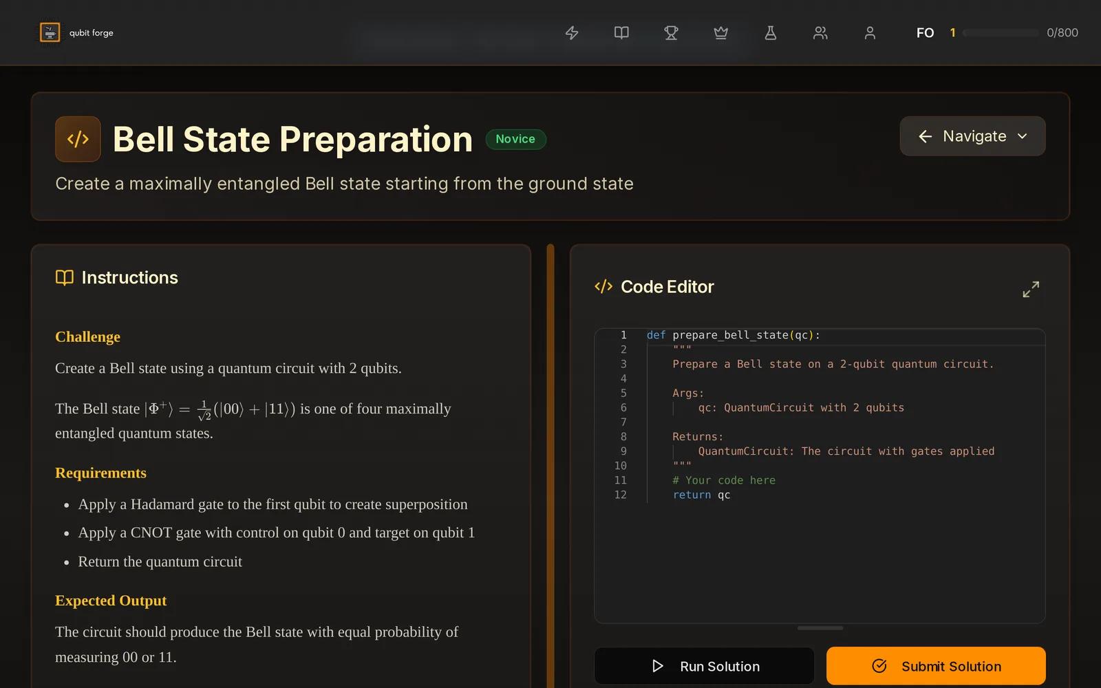The in-browser code editor for the Bell State Preparation challenge, with instructions and run and submit controls.