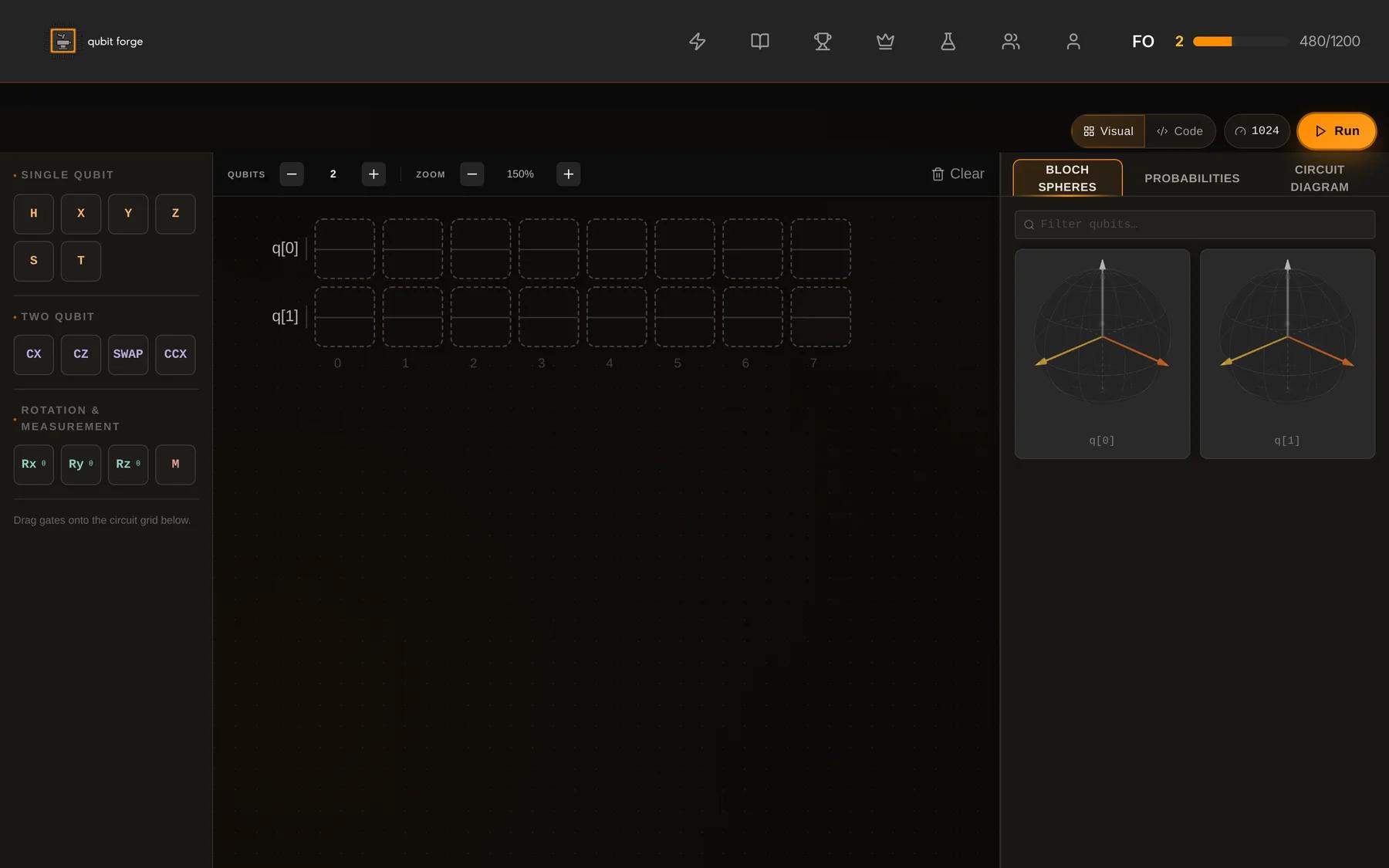 The Qubit Forge coding sandbox — drag-and-drop circuit builder with live Bloch spheres, probabilities, and statevector execution.